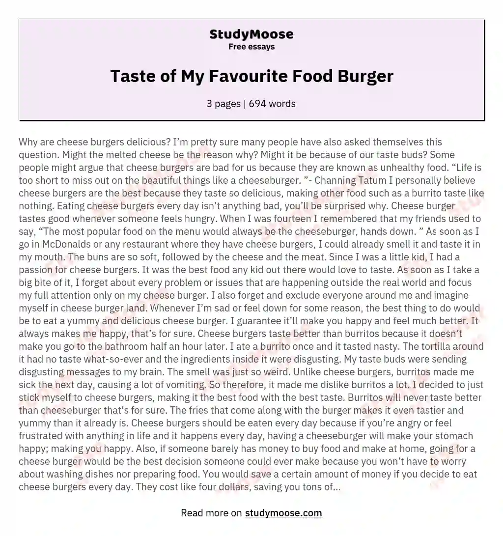 Taste of My Favourite Food Burger essay