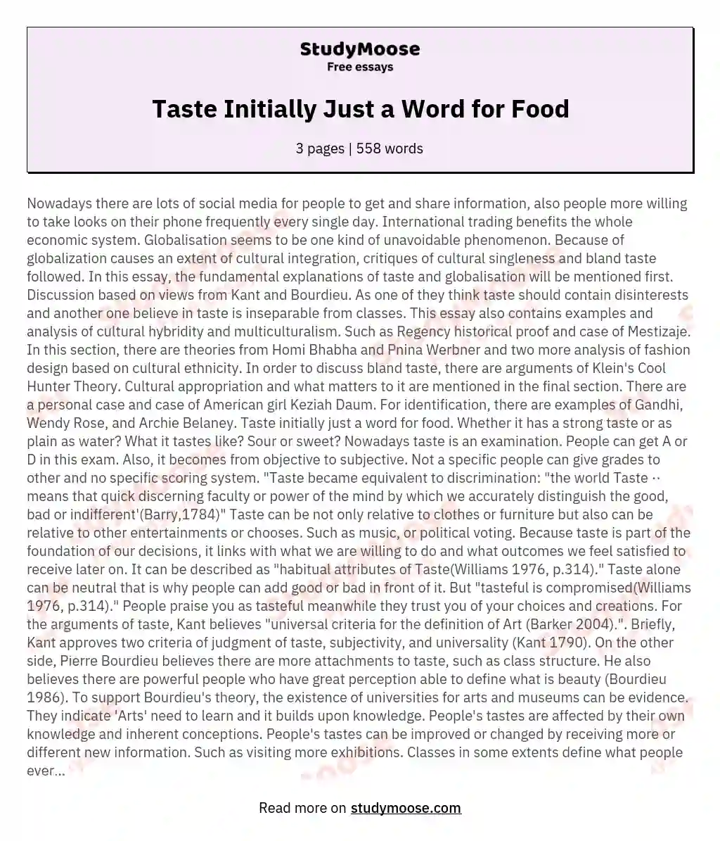 Taste Initially Just a Word for Food essay