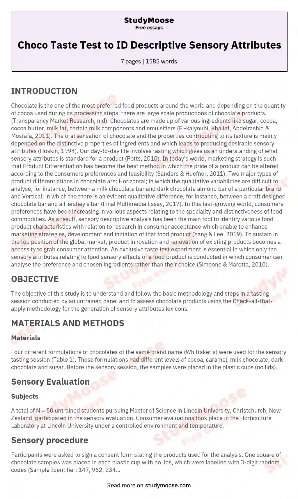 Choco Taste Test to ID Descriptive Sensory Attributes essay