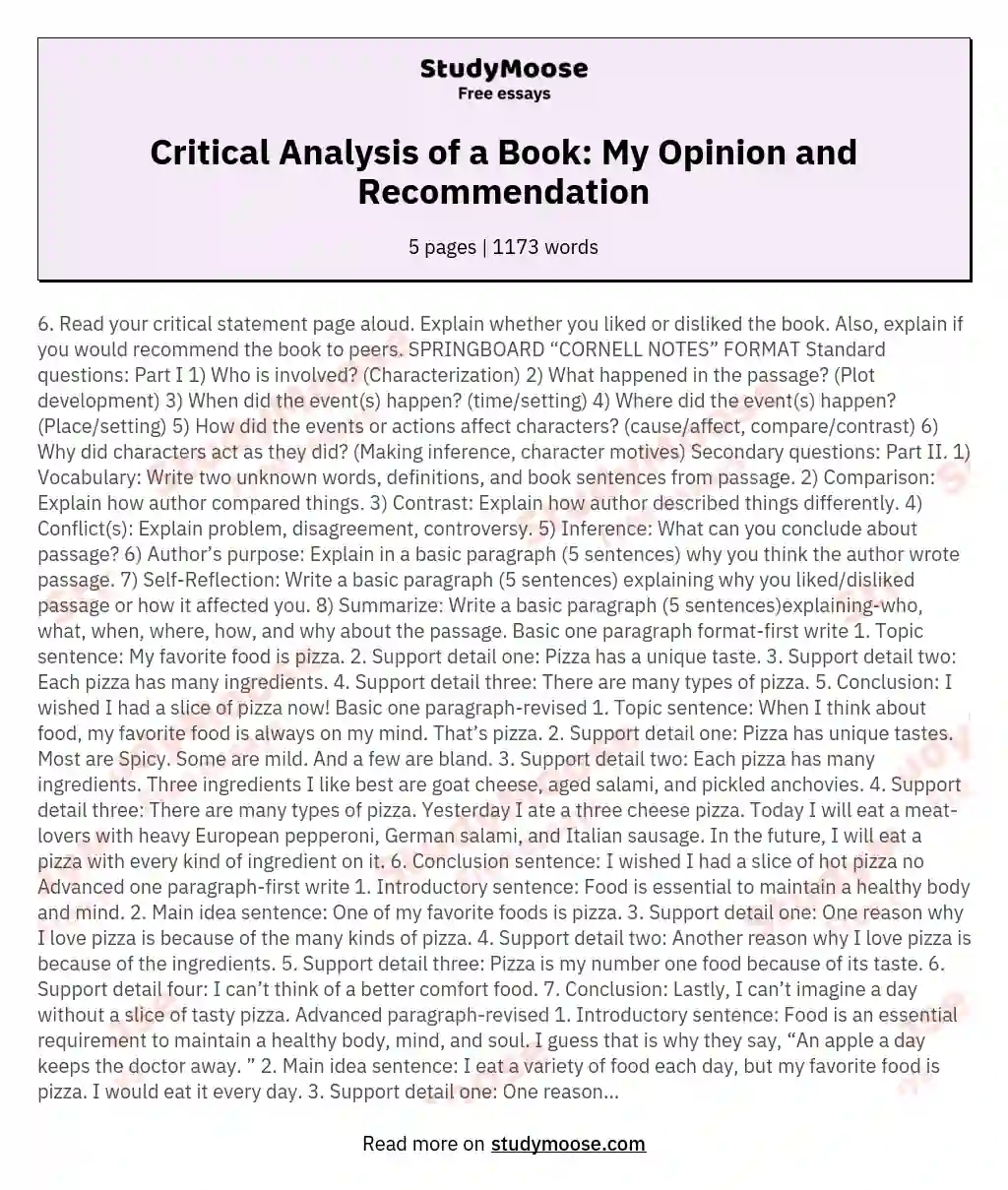 Critical Analysis of a Book: My Opinion and Recommendation essay