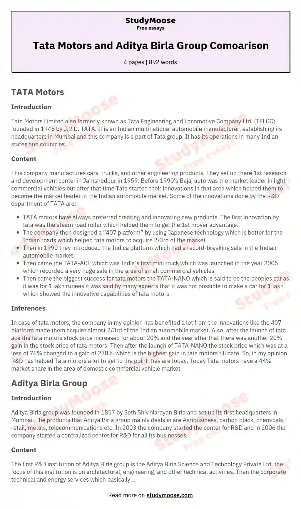 Tata Motors and Aditya Birla Group Comoarison