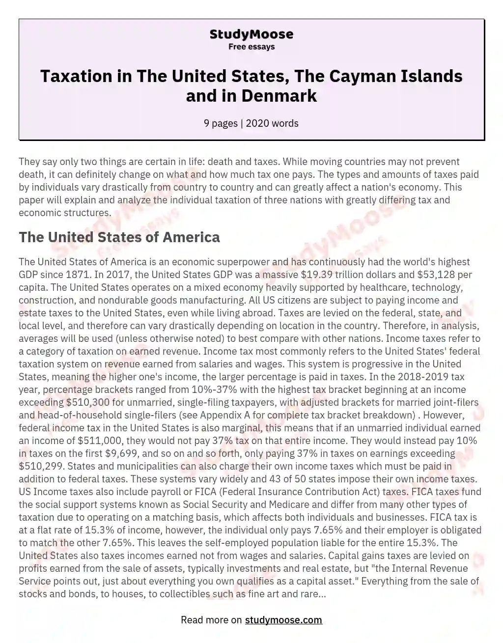 Taxation in The United States, The Cayman Islands and in Denmark