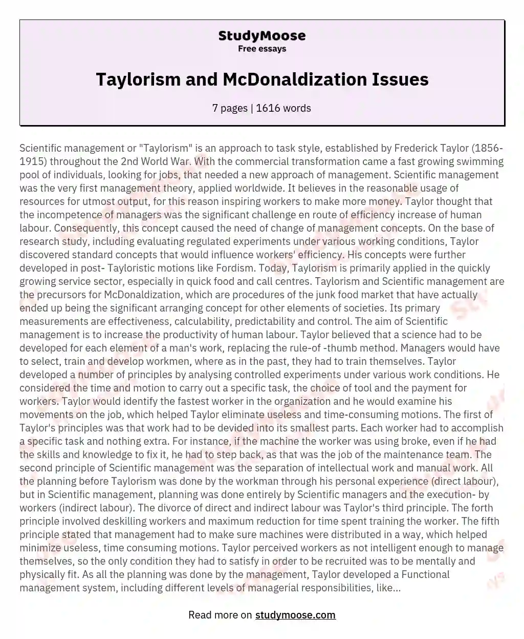 Taylorism and McDonaldization Issues essay