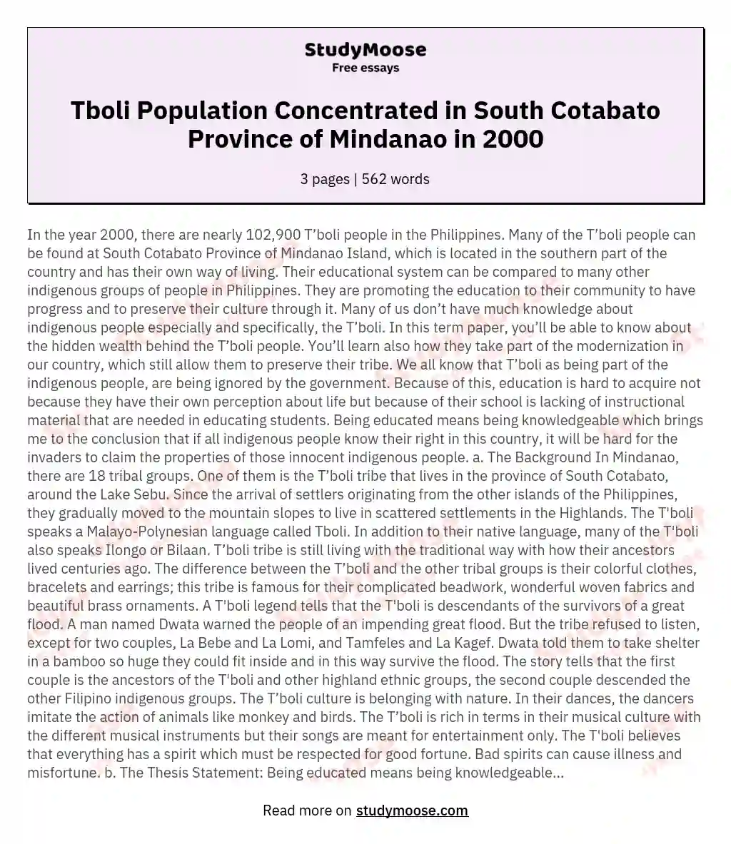 Tboli Population Concentrated in South Cotabato Province of Mindanao in 2000