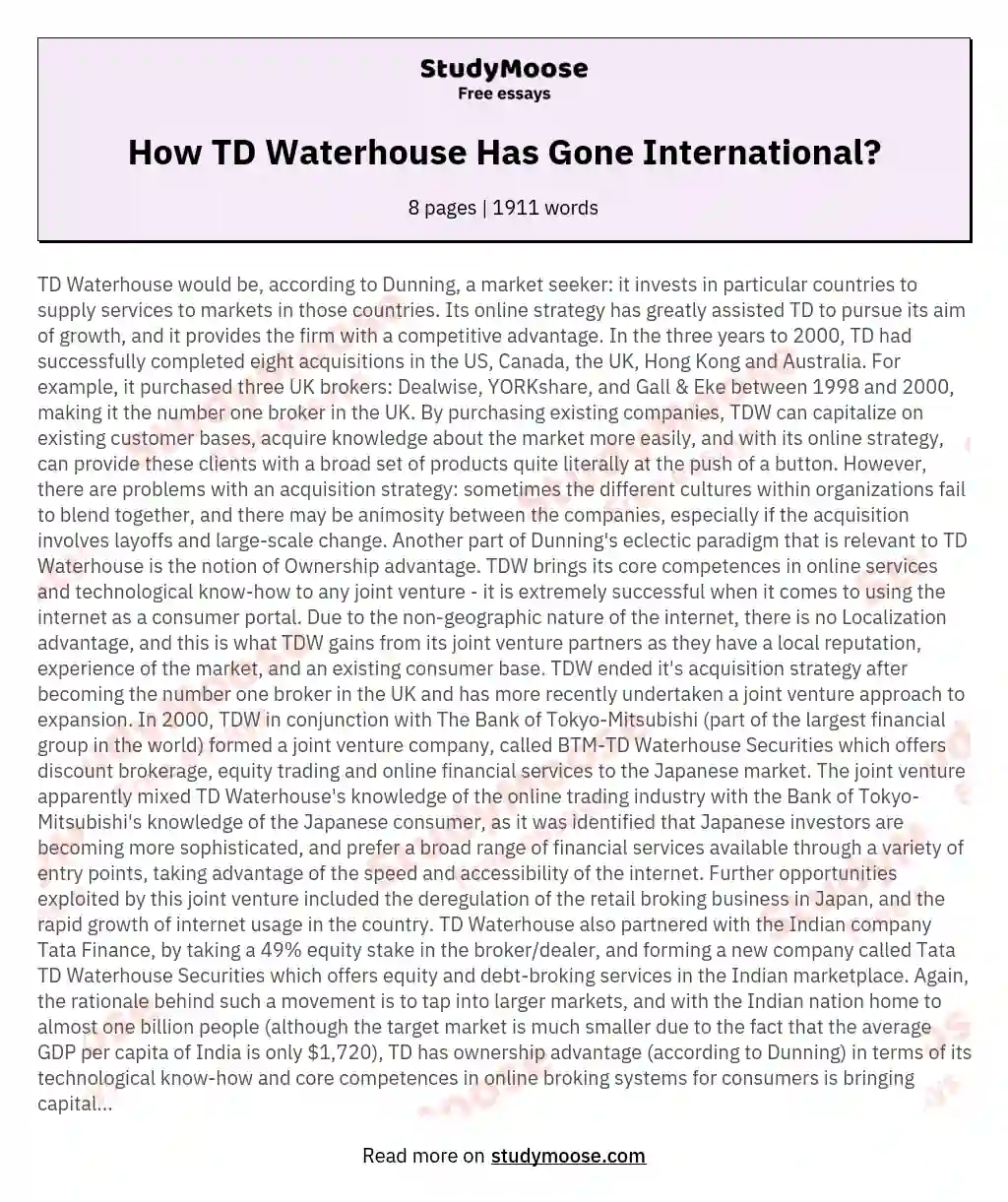 How TD Waterhouse Has Gone International? essay