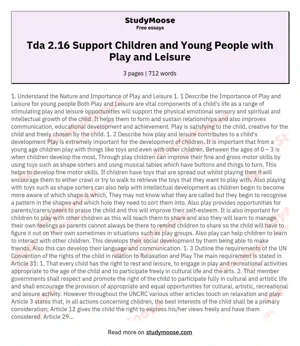 Tda 2.16 Support Children and Young People with Play and Leisure essay