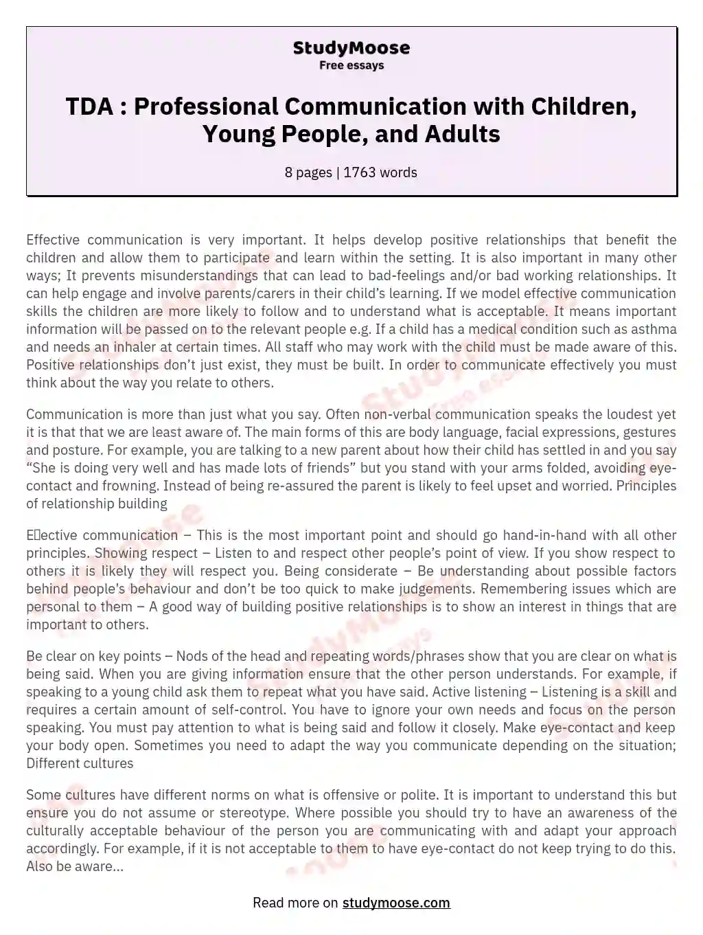 TDA : Professional Communication with Children, Young People, and Adults essay