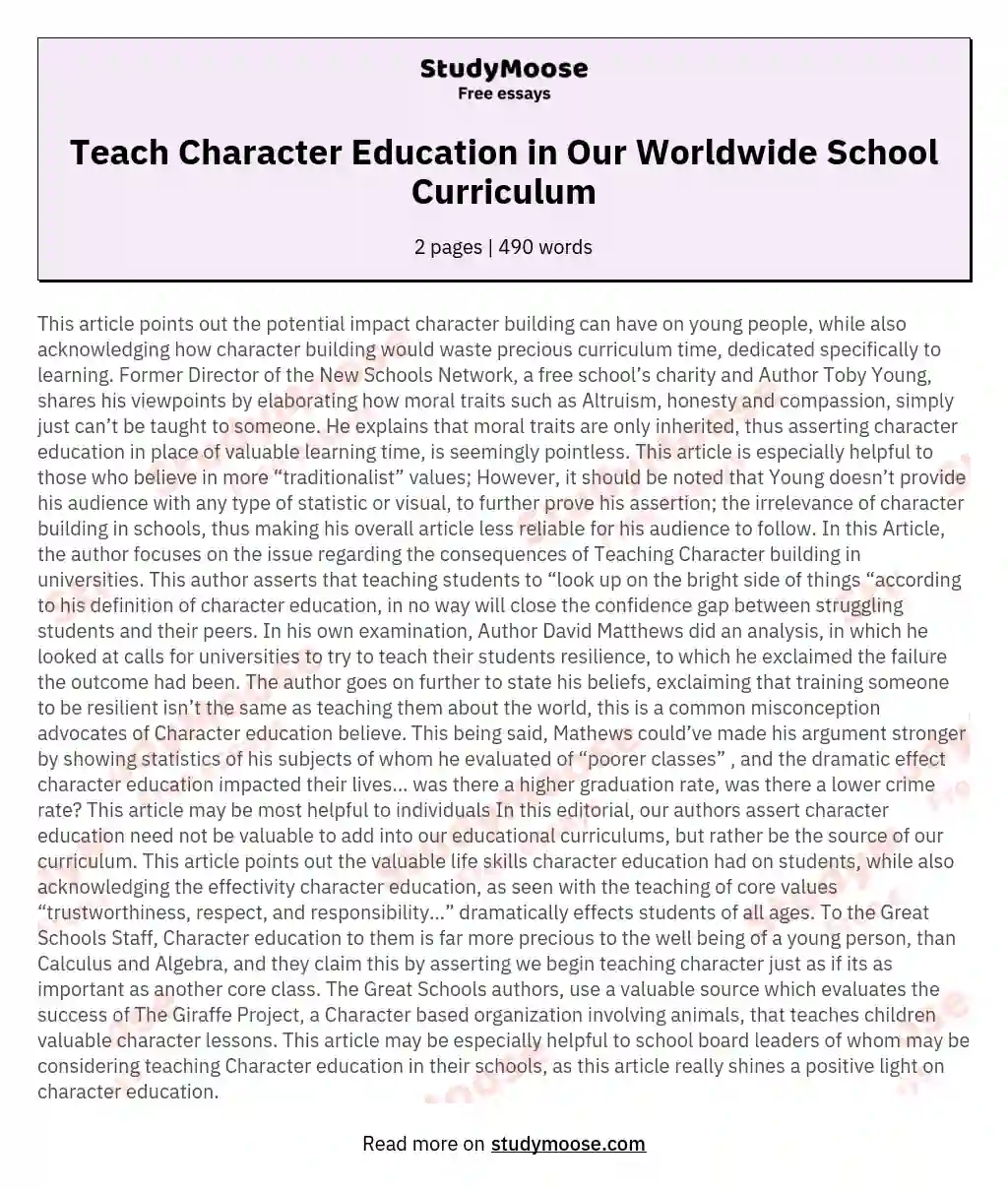 Teach Character Education in Our Worldwide School Curriculum essay