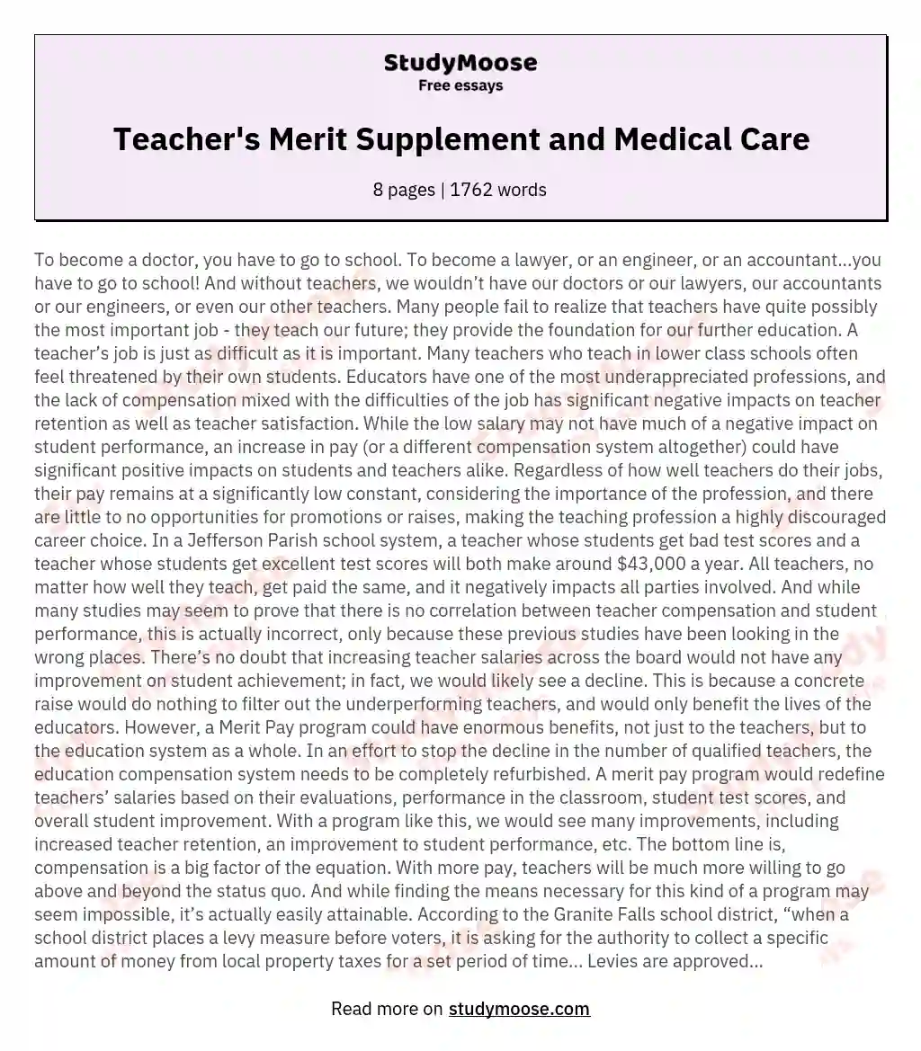 Teacher's Merit Supplement and Medical Care essay