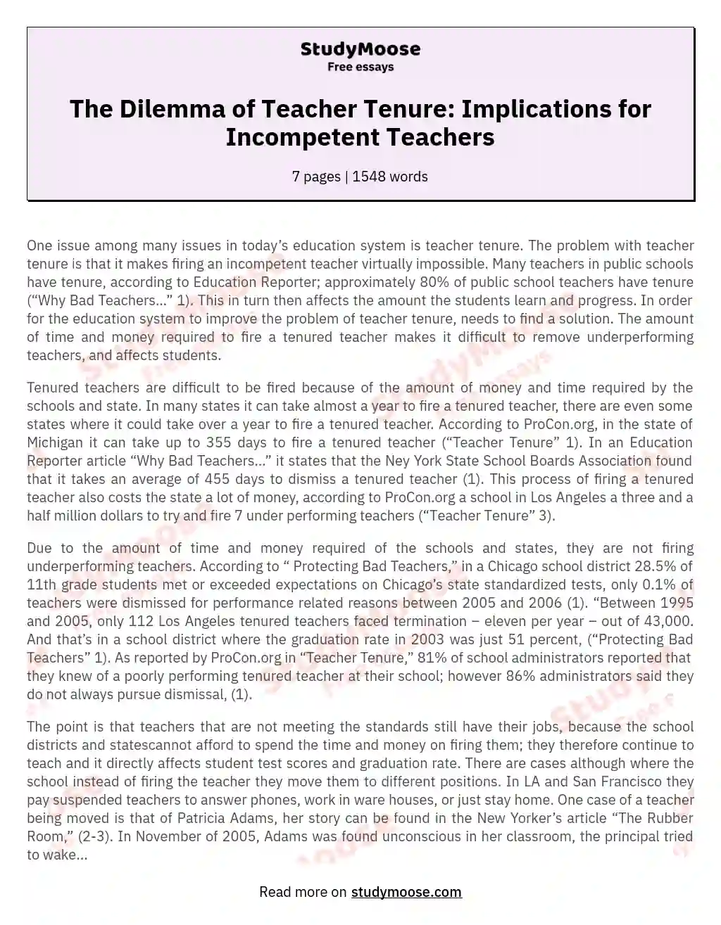 The Dilemma of Teacher Tenure: Implications for Incompetent Teachers essay
