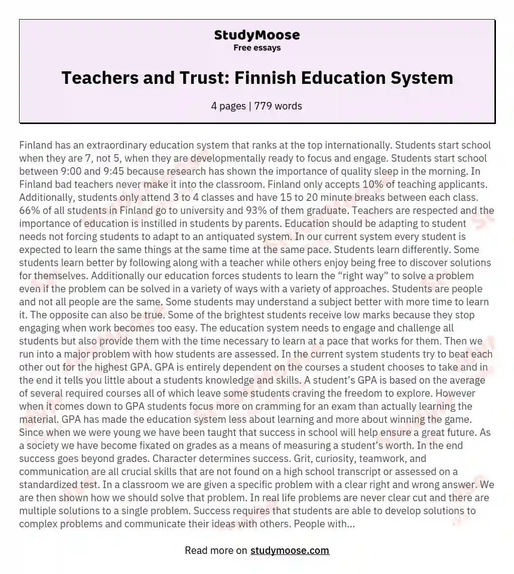 Teachers and Trust: Finnish Education System essay