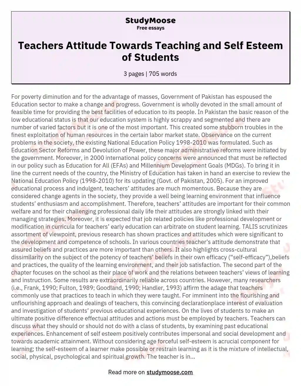 Teachers Attitude Towards Teaching and Self Esteem of Students