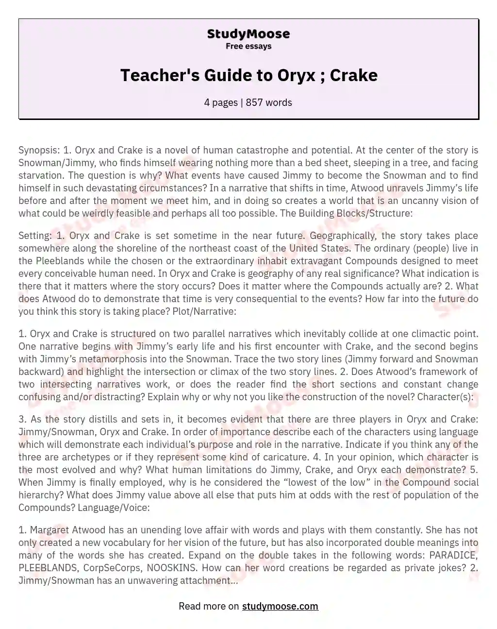 Teacher's Guide to Oryx ; Crake essay
