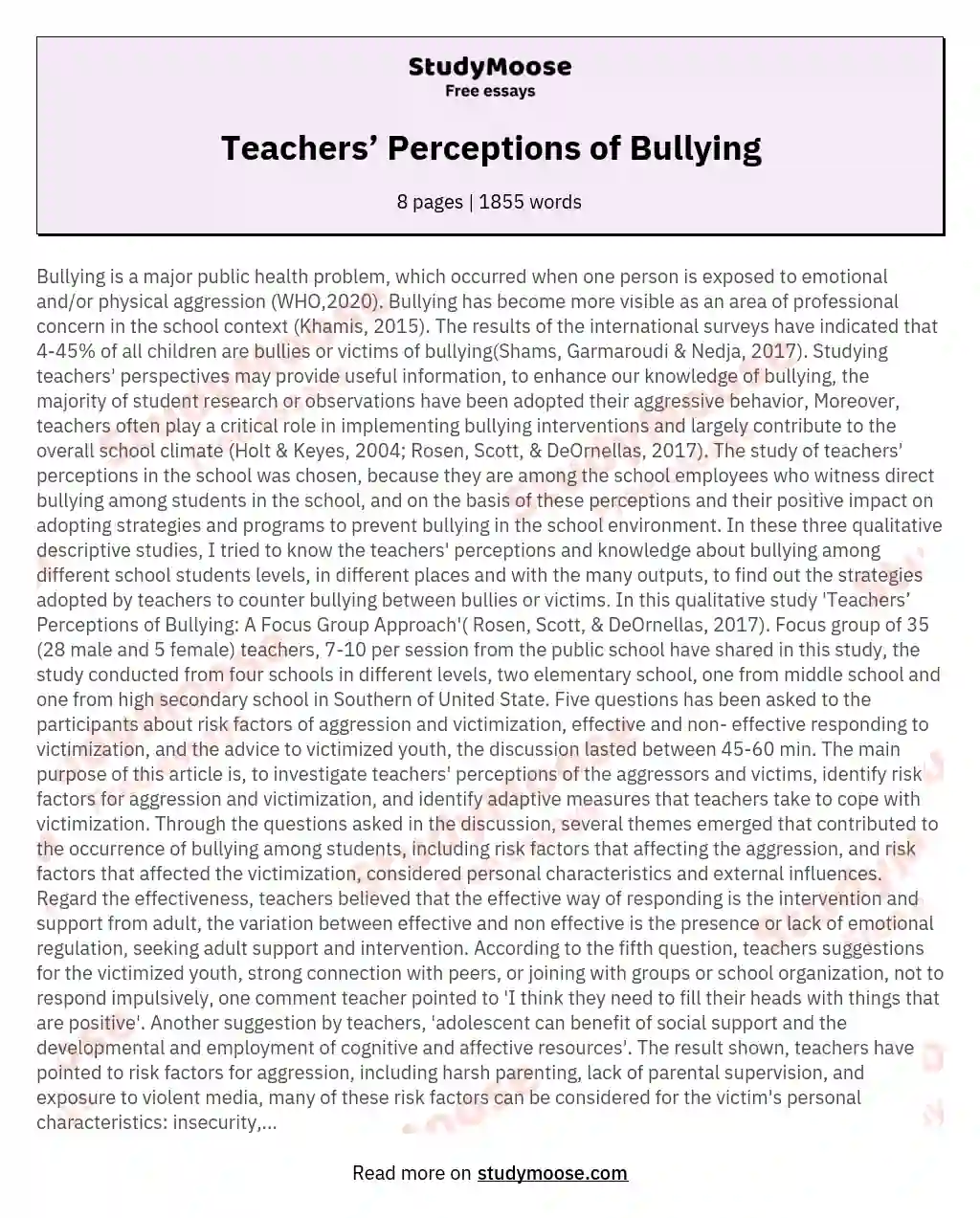 Teachers’ Perceptions of Bullying essay