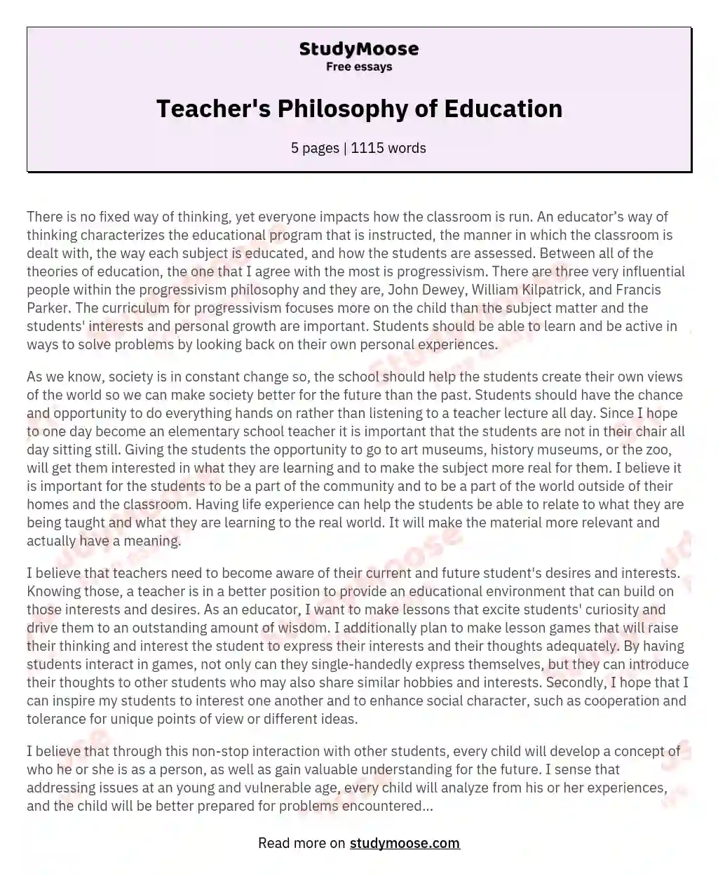 Teacher's Philosophy of Education essay