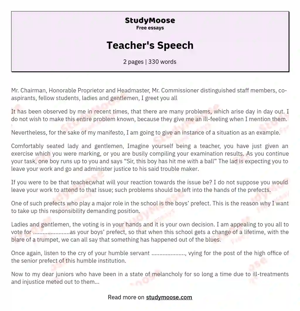 Teacher's Speech essay