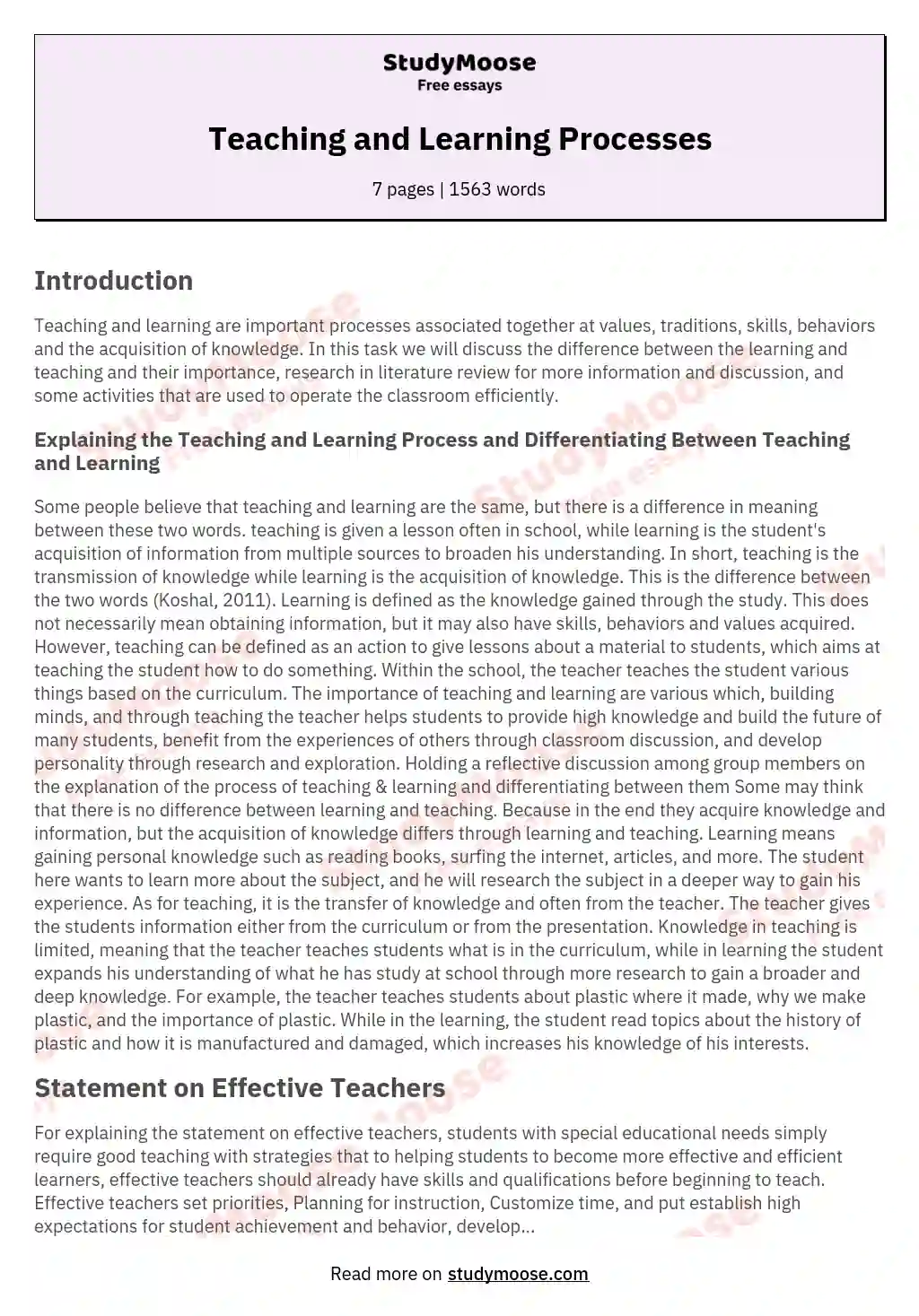 essay on teaching and learning process