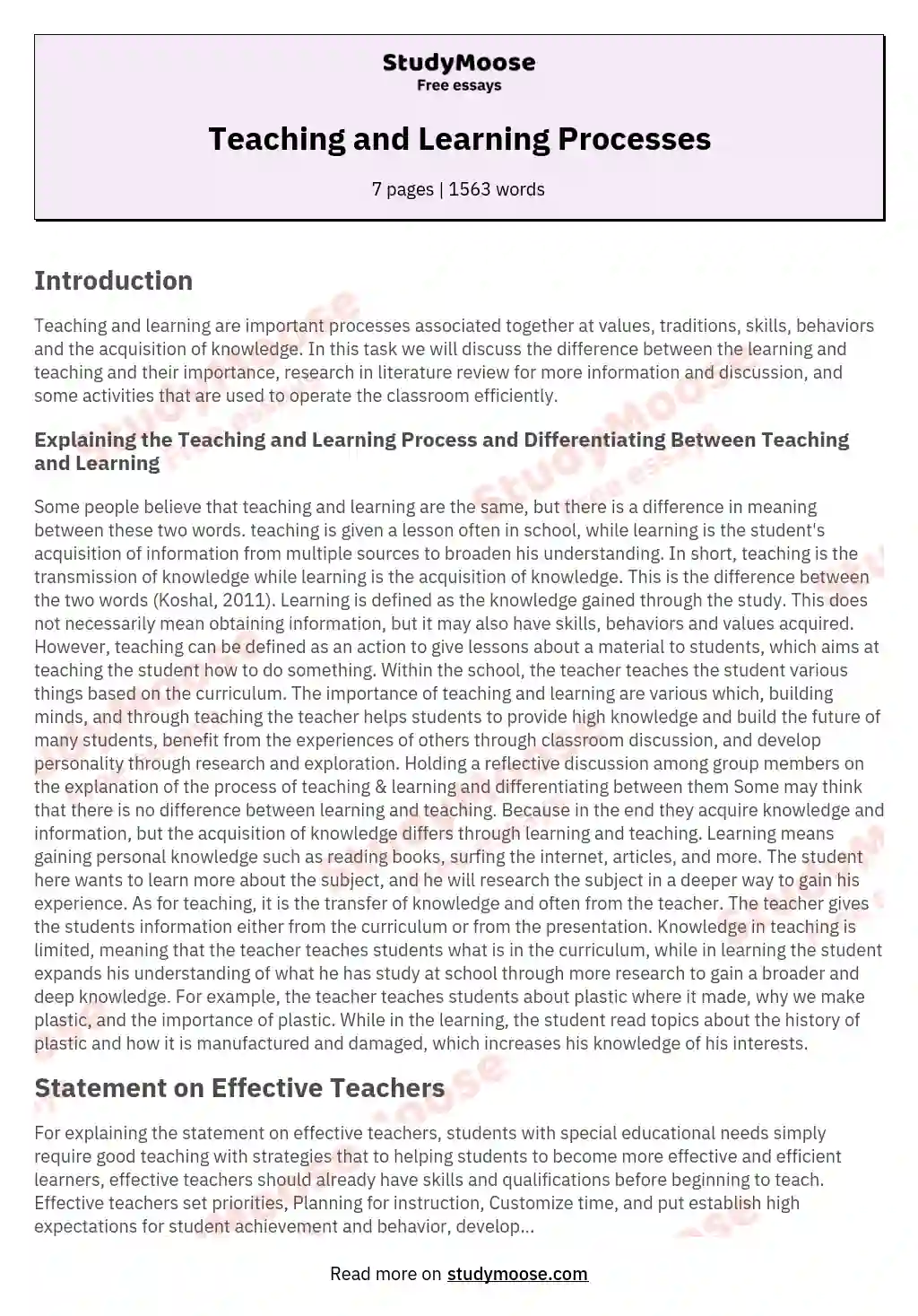 Teaching And Learning Processes Free Essay Example
