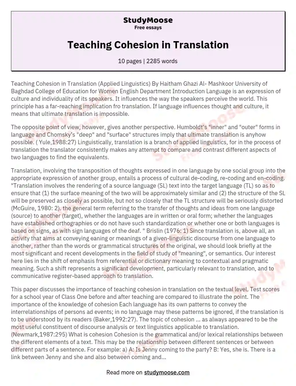 Teaching Cohesion in Translation essay