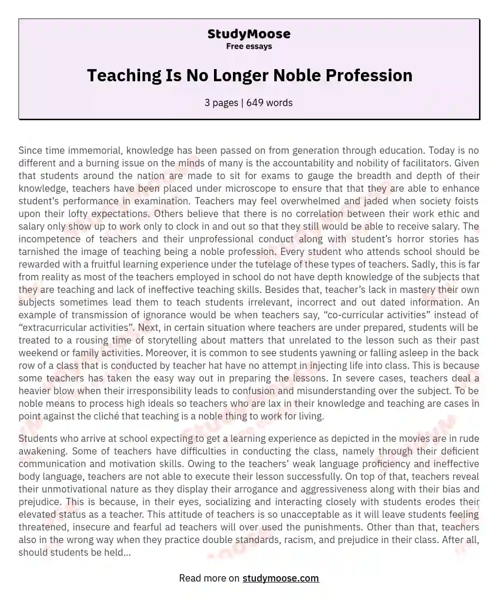 Teaching Is No Longer Noble Profession essay