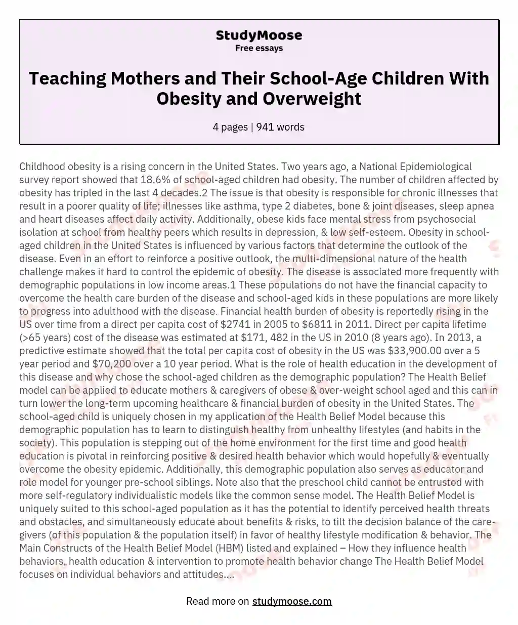 Teaching Mothers and Their School-Age Children With Obesity and Overweight essay