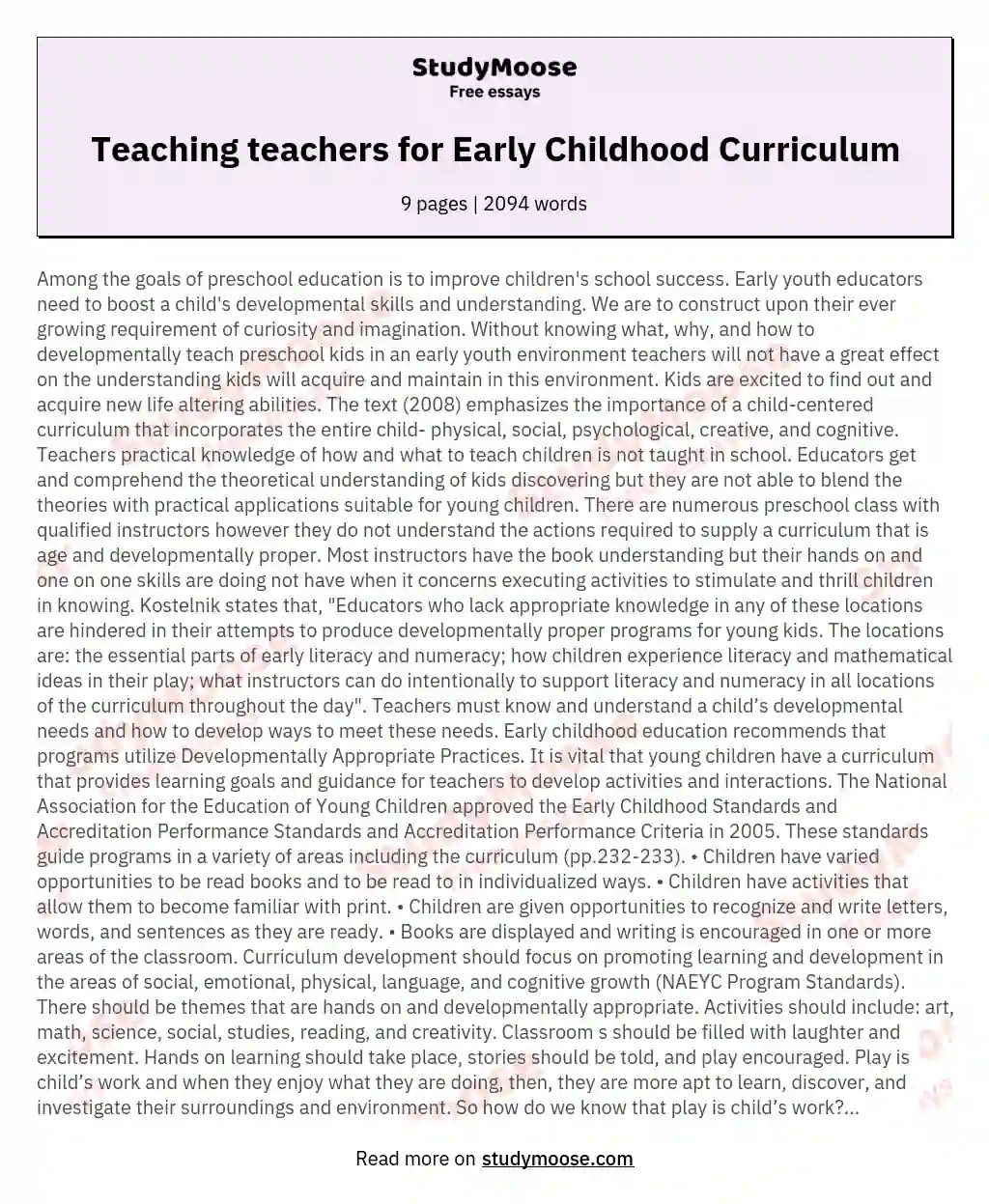 Teaching teachers for Early Childhood Curriculum essay