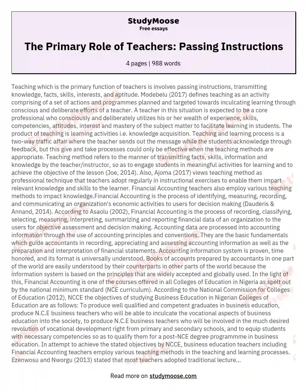 Teaching which is the primary function of teachers is involves passing instructions