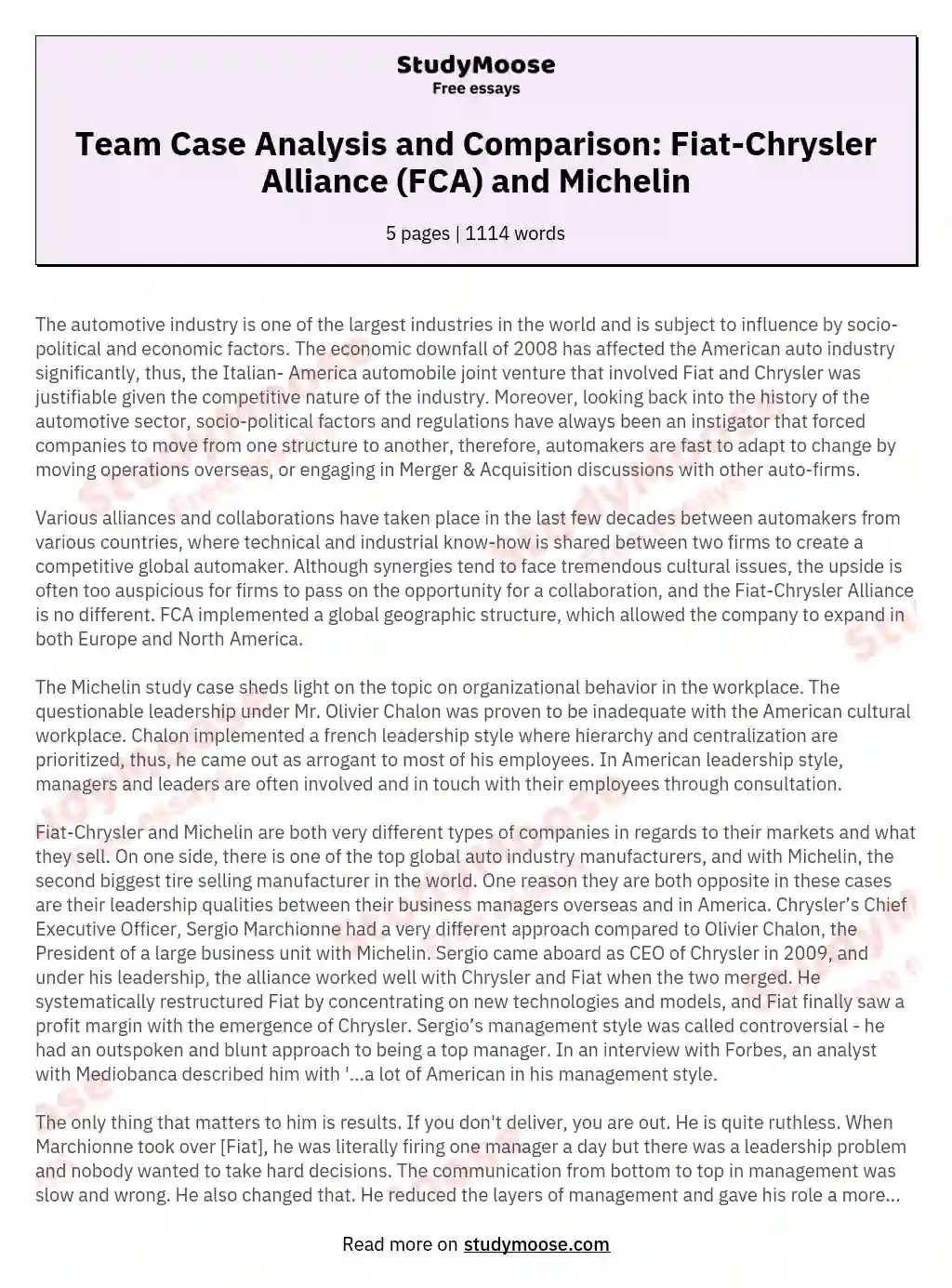 Team Case Analysis and Comparison: Fiat-Chrysler Alliance (FCA) and Michelin essay