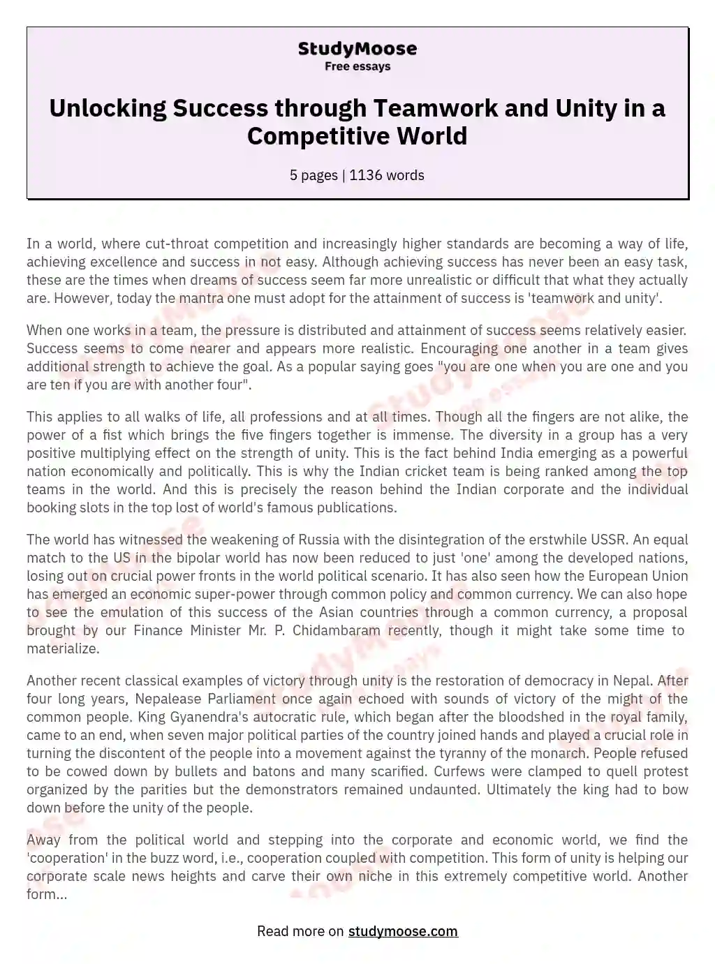 Unlocking Success through Teamwork and Unity in a Competitive World essay