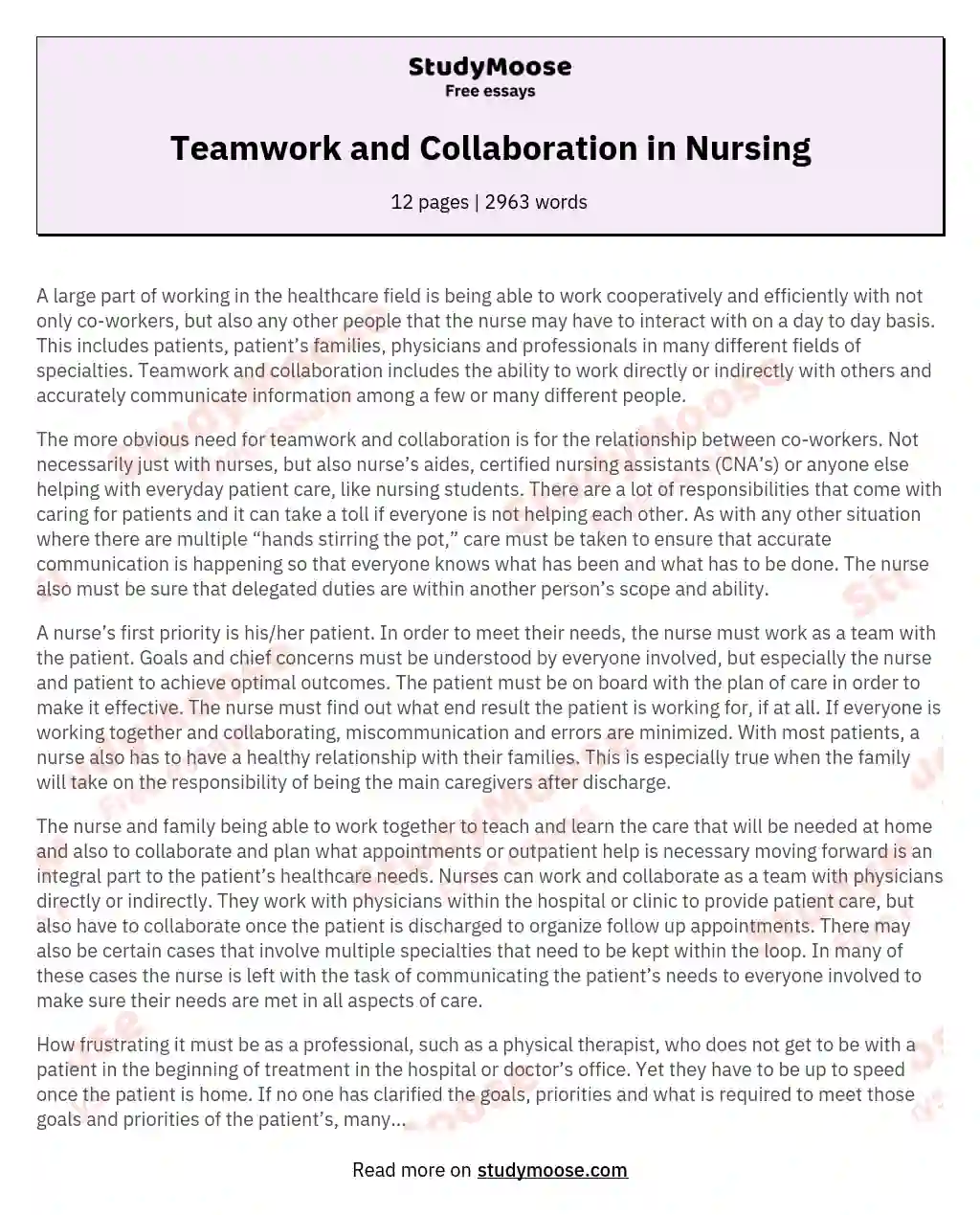Teamwork and Collaboration in Nursing essay