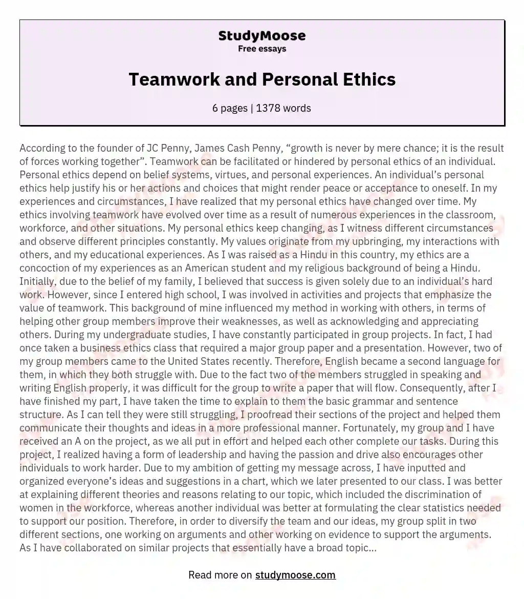 Teamwork and Personal Ethics essay