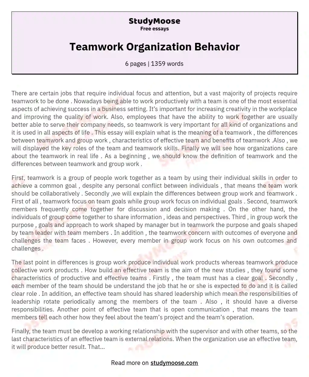 Teamwork Organization Behavior