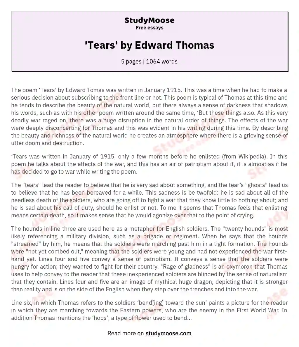'Tears' by Edward Thomas essay