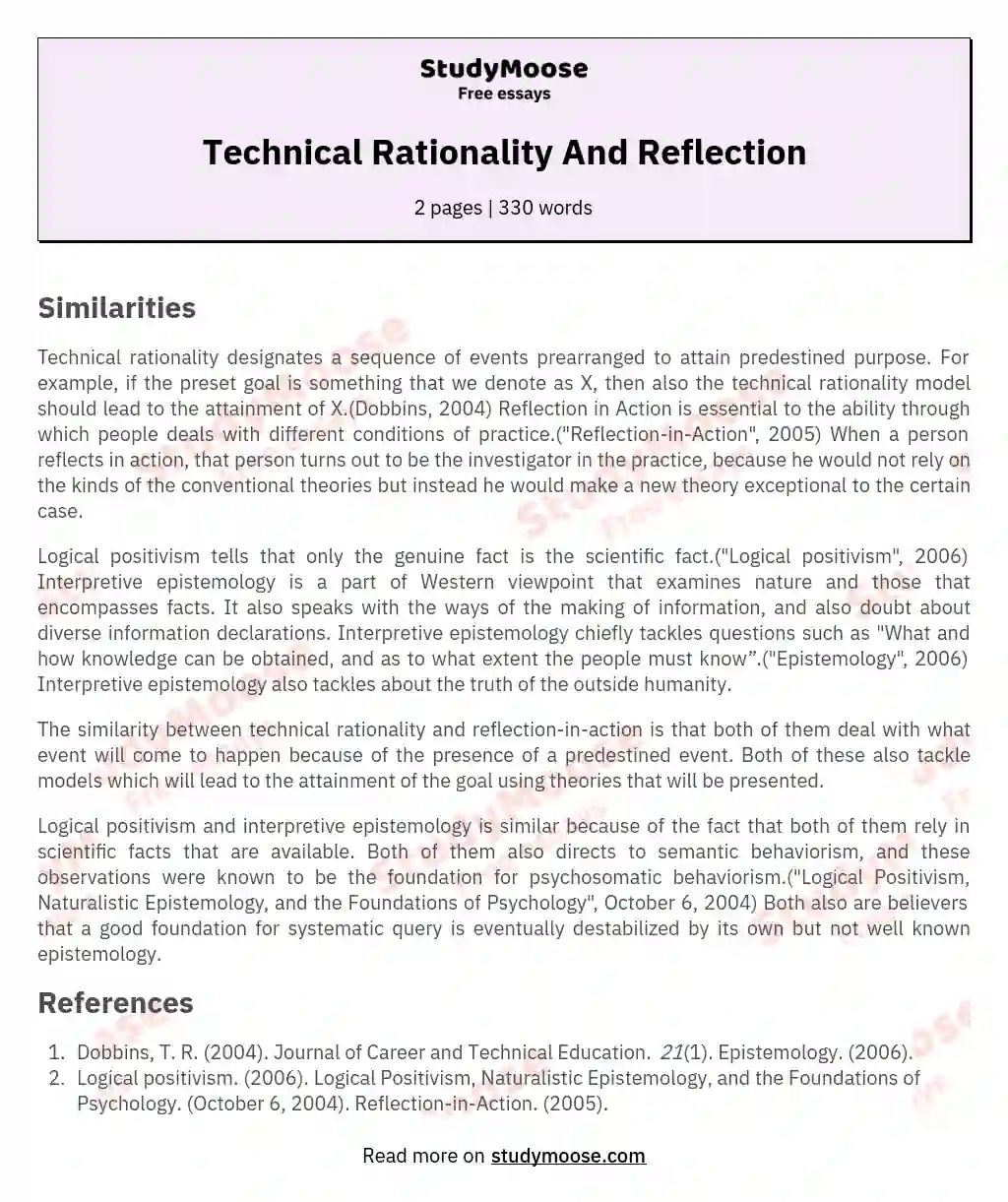 Technical Rationality And Reflection essay