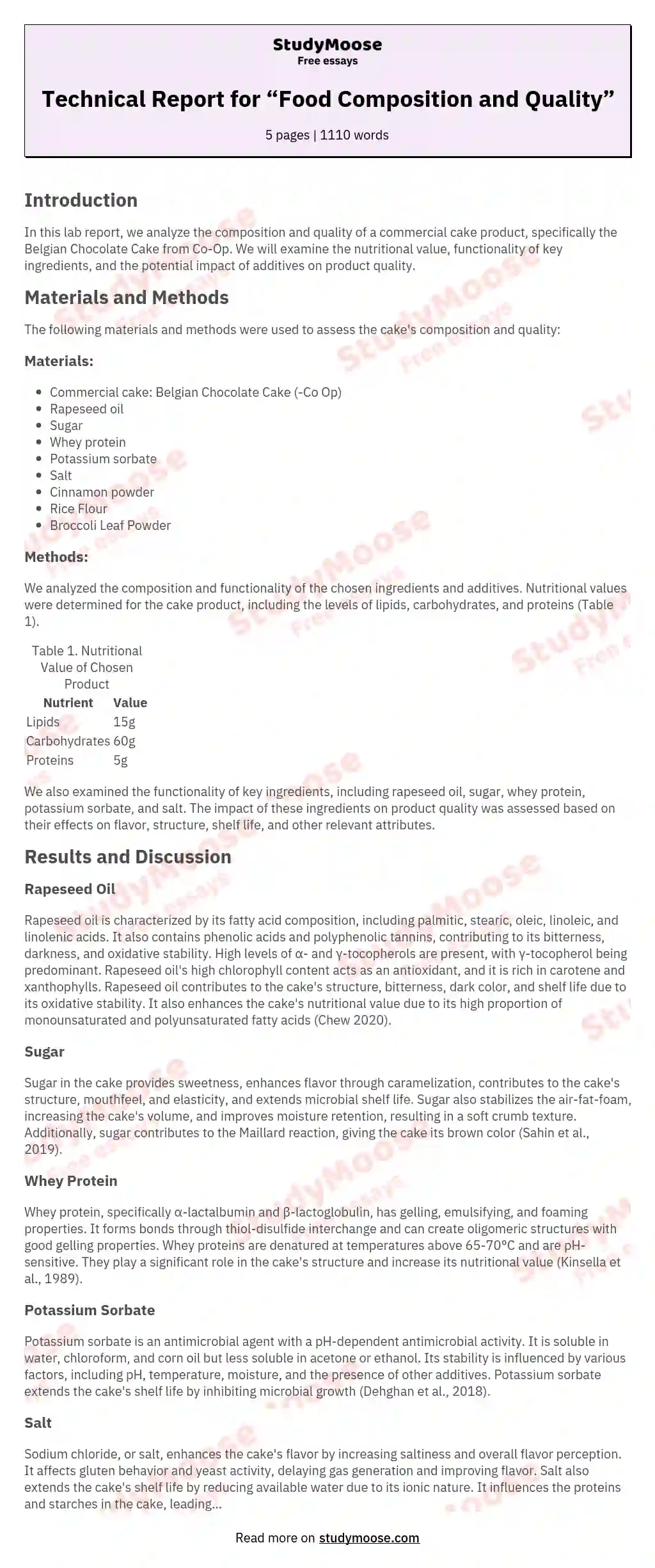 Technical Report for “Food Composition and Quality” essay