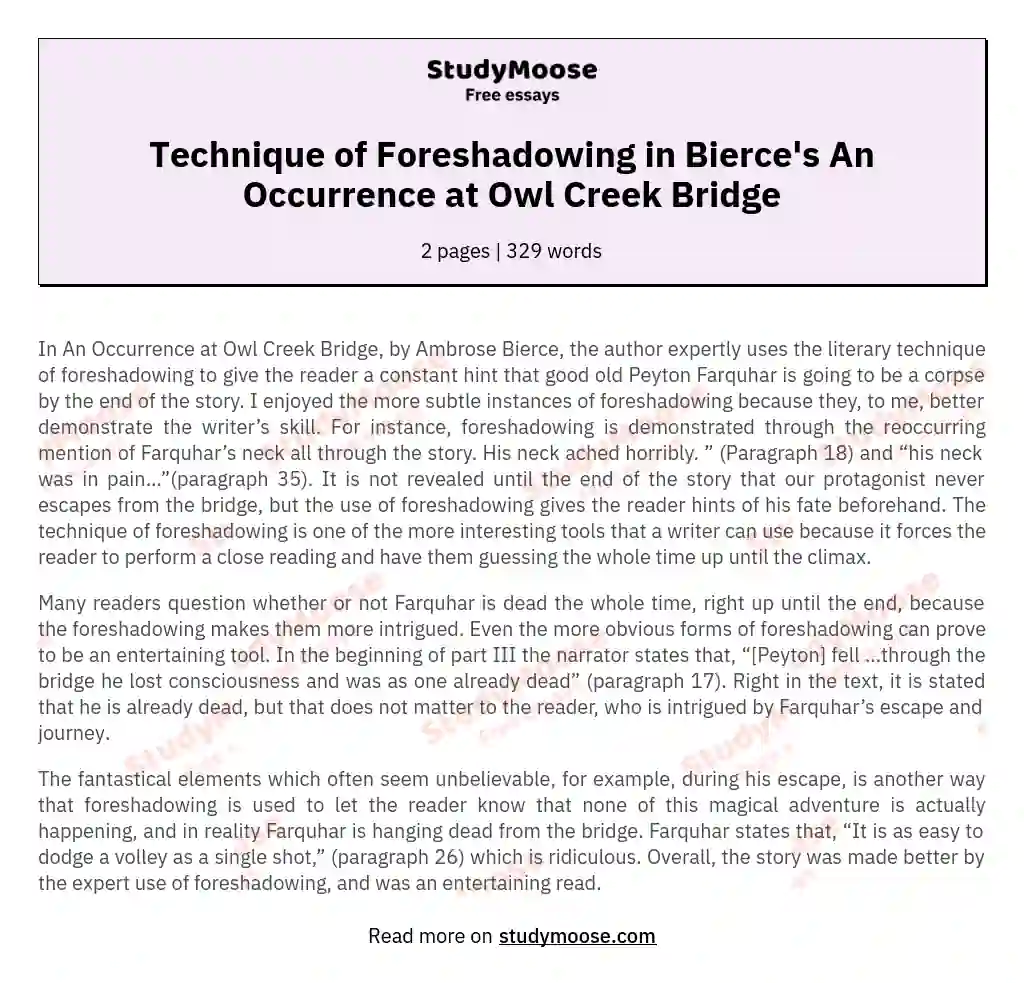 Unveiling Narrative Mastery: Foreshadowing in Bierce's Owl Creek Bridge essay