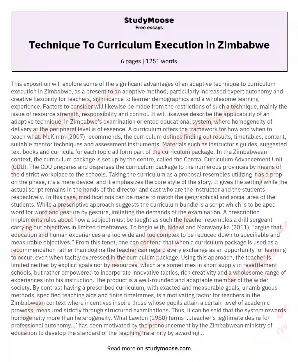 Technique To Curriculum Execution in Zimbabwe essay