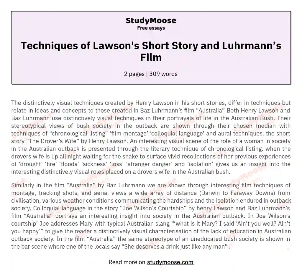 Techniques of Lawson's Short Story and Luhrmann’s Film essay