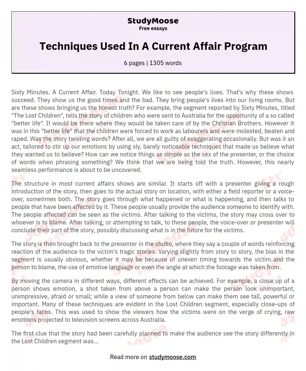 Techniques Used In A Current Affair Program essay