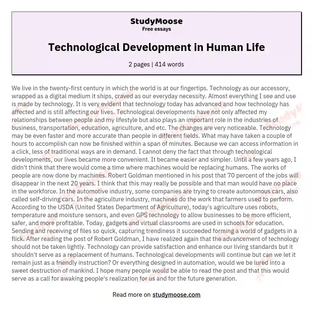 Technological Development in Human Life essay