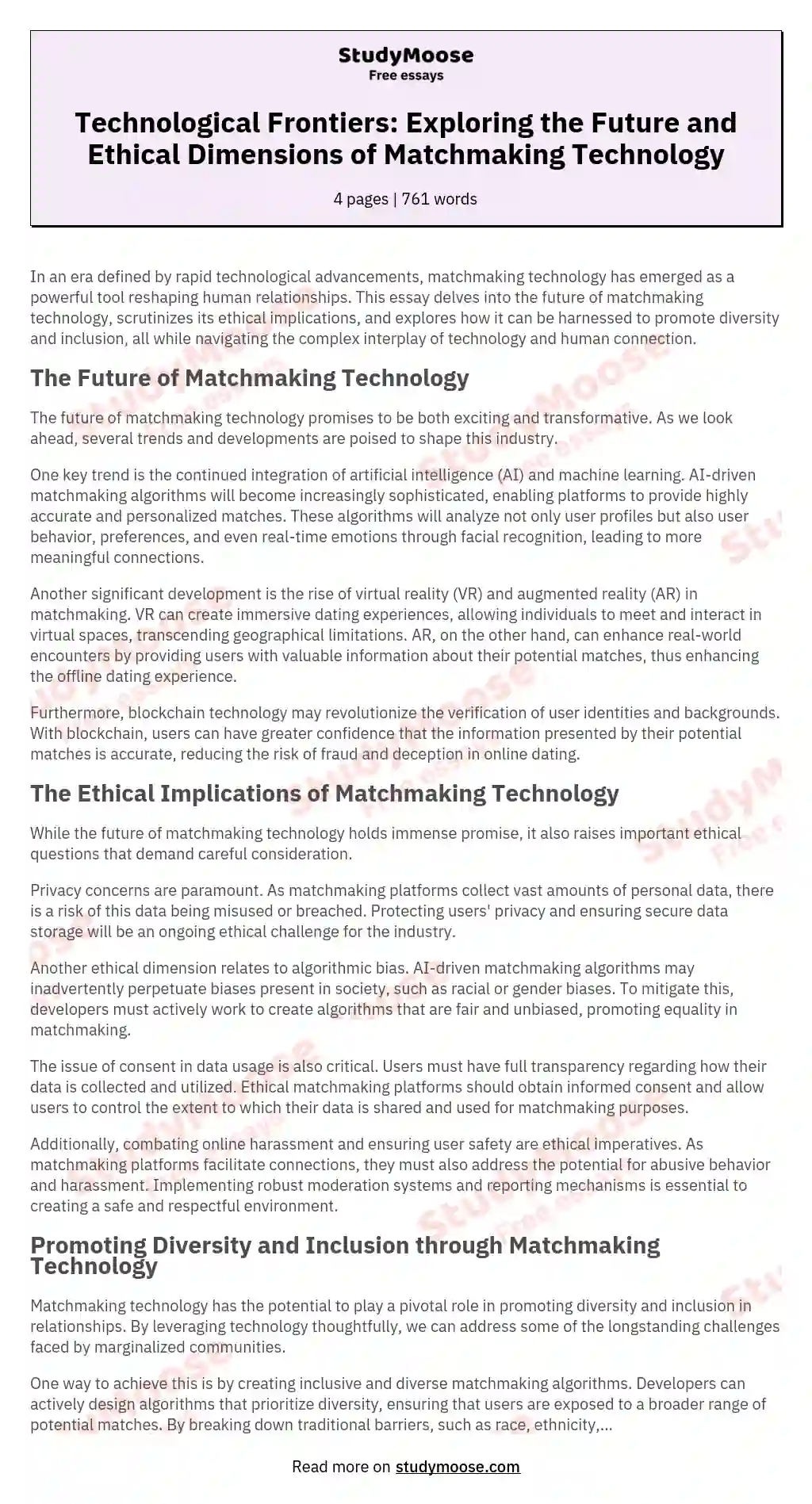 Technological Frontiers: Exploring the Future and Ethical Dimensions of Matchmaking Technology essay