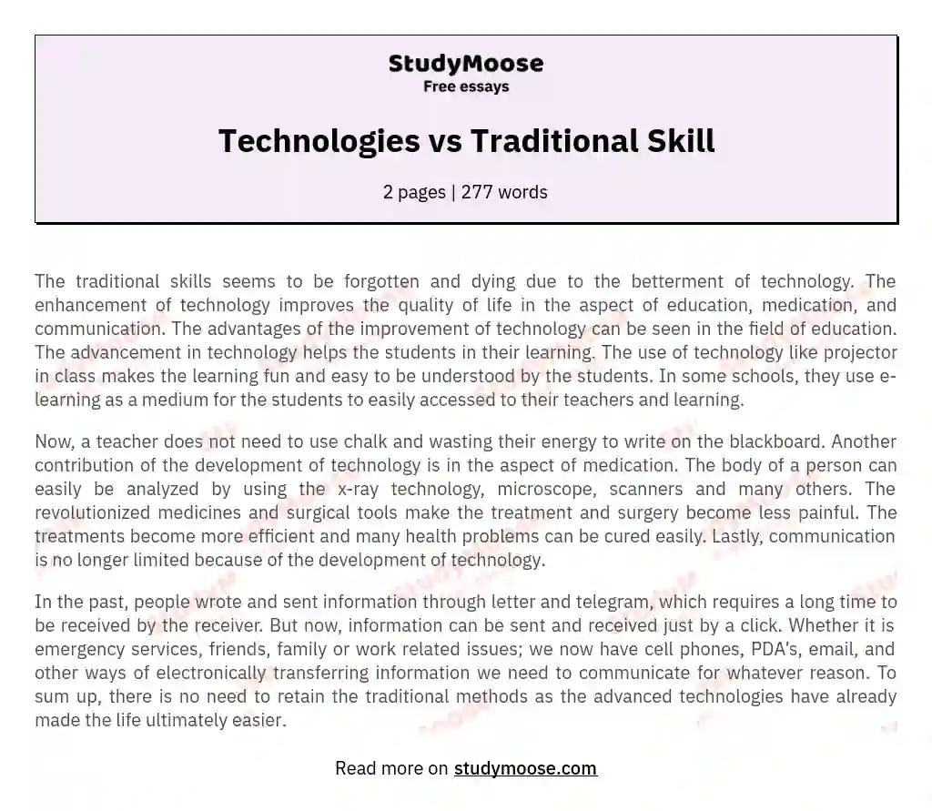 Technologies vs Traditional Skill essay