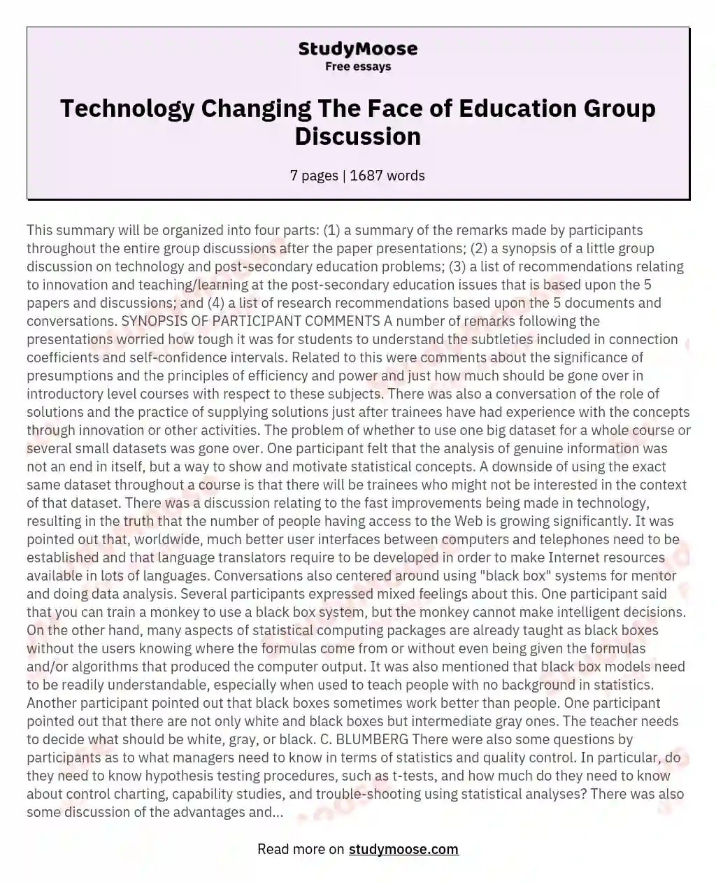 Technology Changing The Face of Education Group Discussion essay