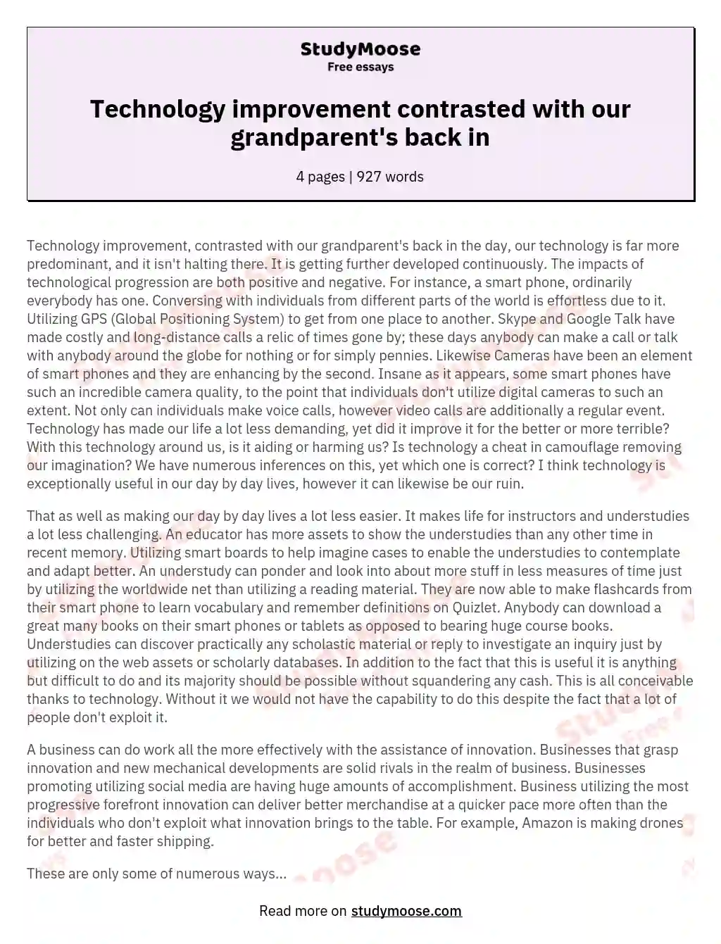 Technology improvement contrasted with our grandparent's back in essay