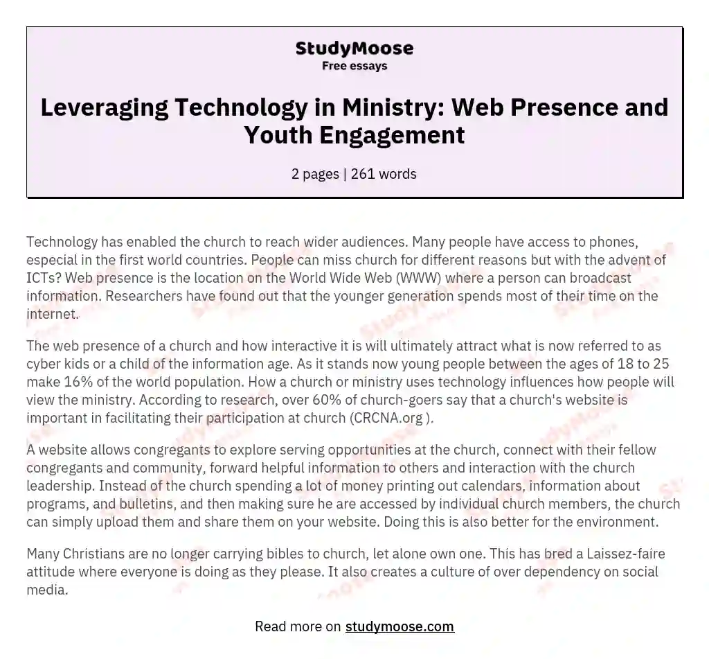 Leveraging Technology in Ministry: Web Presence and Youth Engagement essay