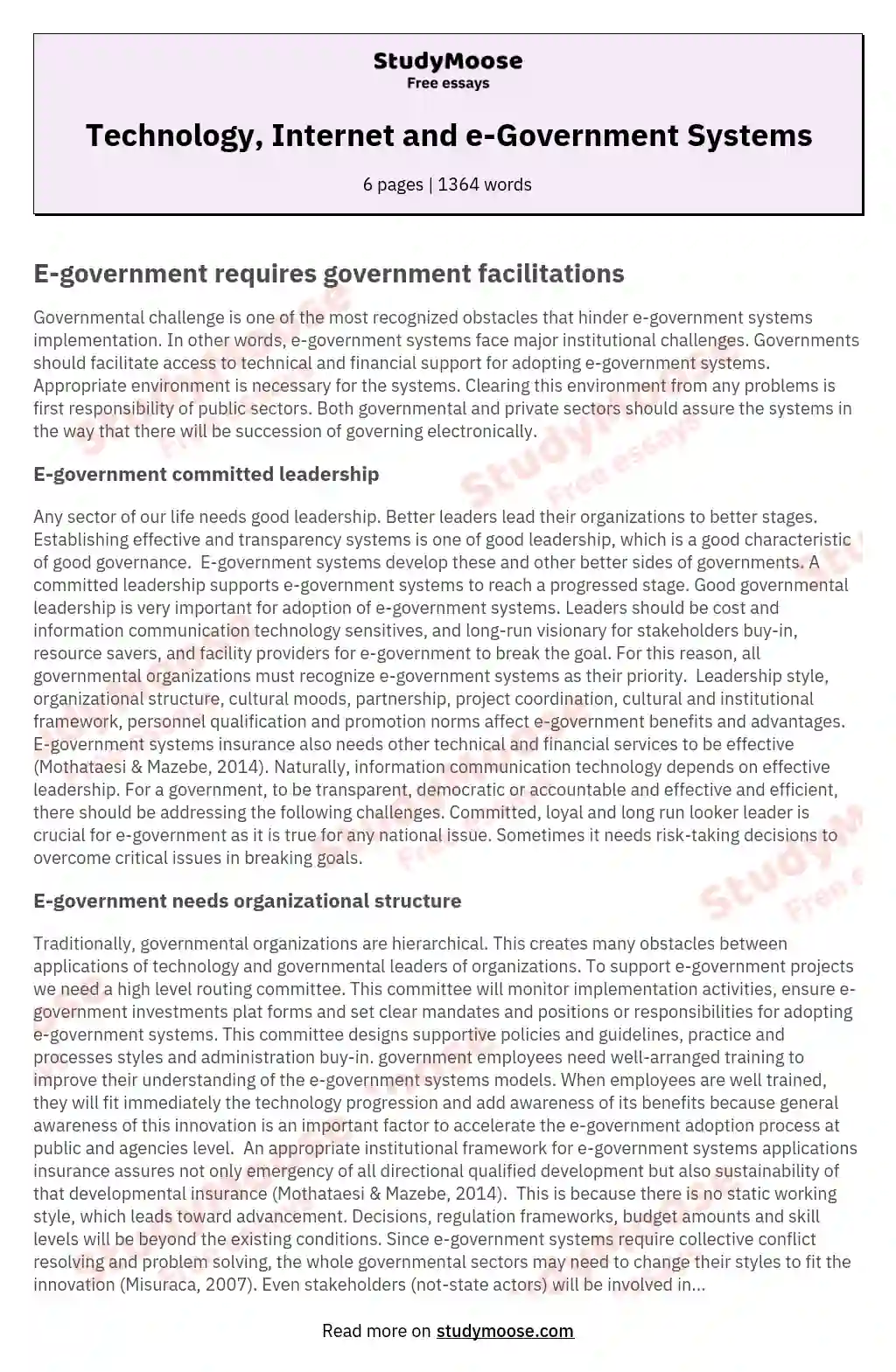 Technology, Internet and e-Government Systems essay