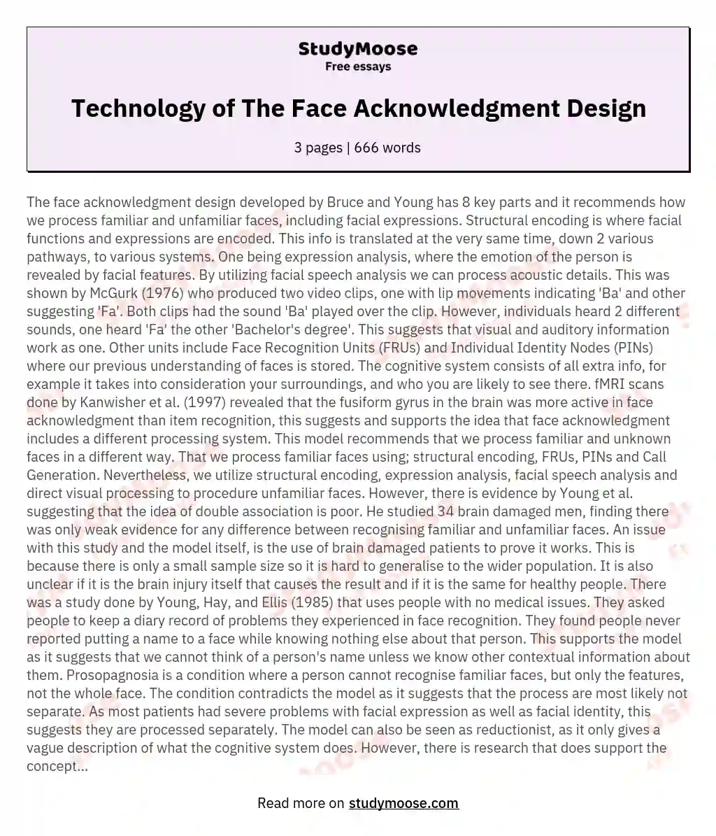 Technology of The Face Acknowledgment Design essay