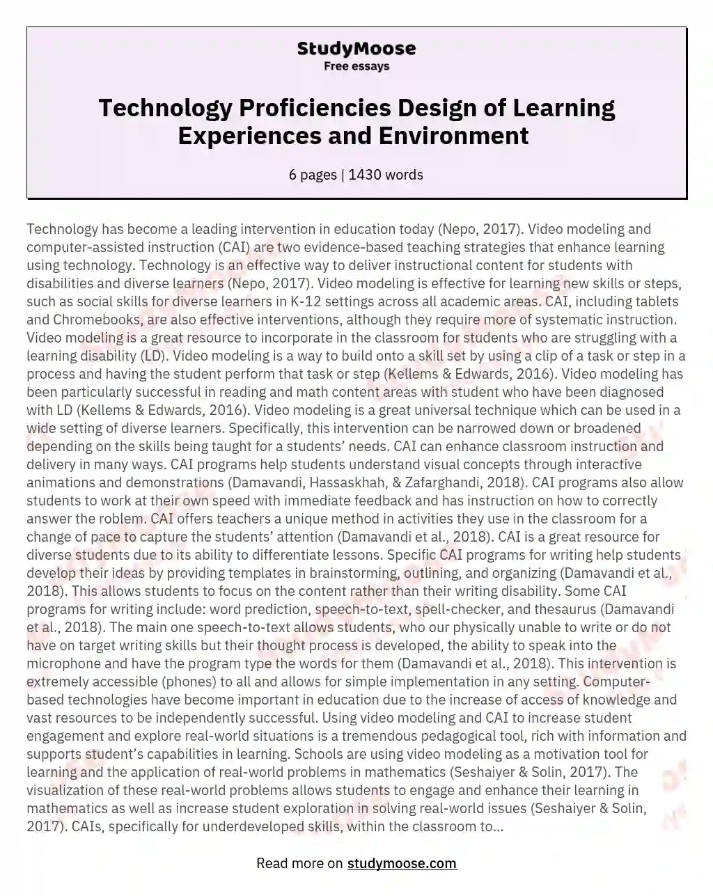 Technology Proficiencies Design of Learning Experiences and Environment  essay