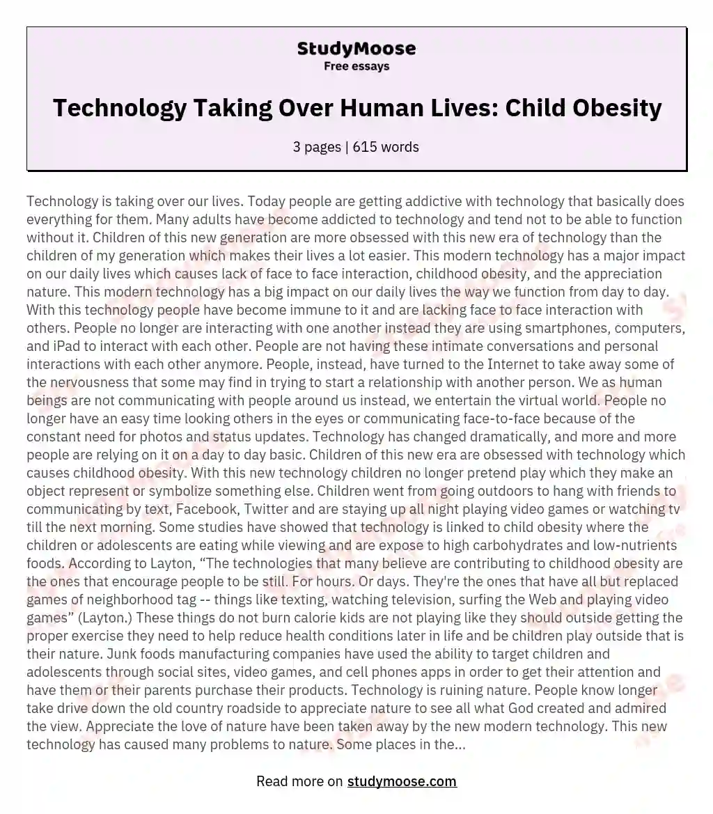 Technology Taking Over Human Lives: Child Obesity essay