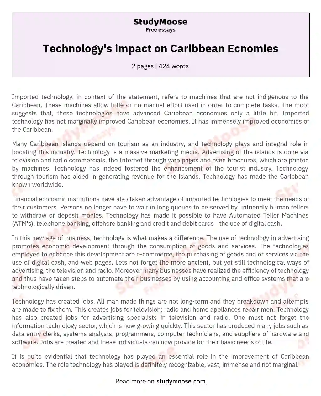 Technology's impact on Caribbean Ecnomies essay